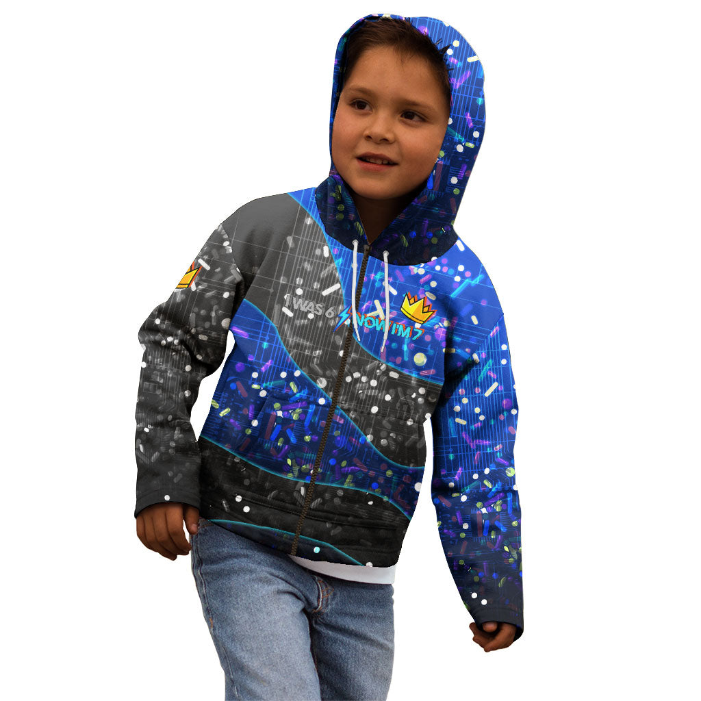 7th Birthday Boys Kid Hoodie I was 6 Now Im 7 Gaming And Tech Theme