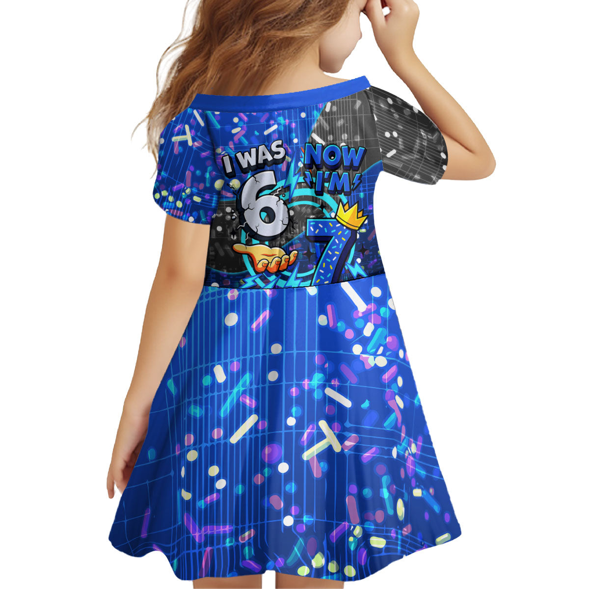 7th Birthday Boys Kid Short Sleeve Dress I was 6 Now Im 7 Gaming And Tech Theme