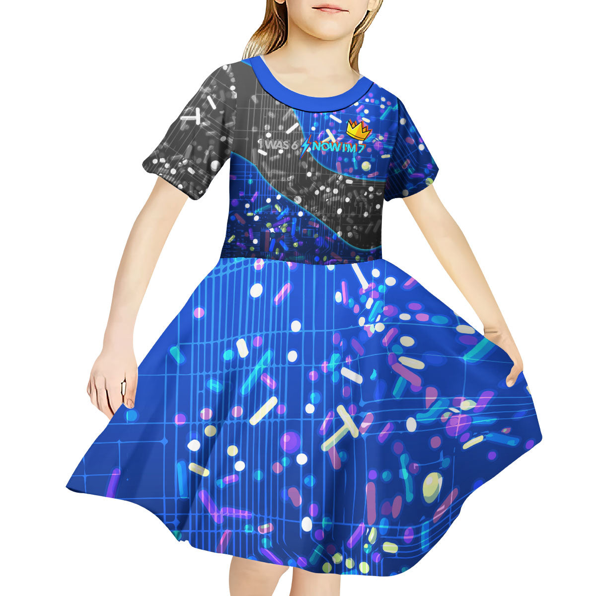 7th Birthday Boys Kid Short Sleeve Dress I was 6 Now Im 7 Gaming And Tech Theme