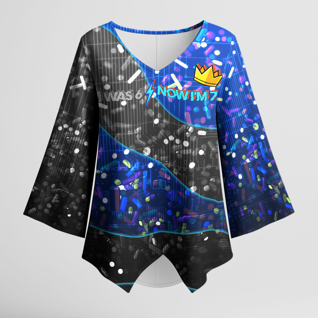 7th Birthday Boys Kimono Sleeve Blouse I was 6 Now Im 7 Gaming And Tech Theme