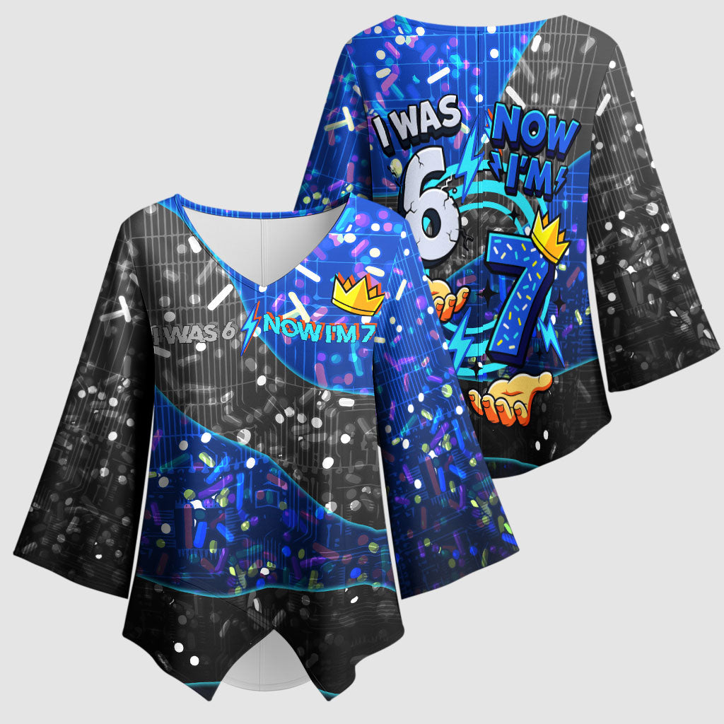 7th Birthday Boys Kimono Sleeve Blouse I was 6 Now Im 7 Gaming And Tech Theme