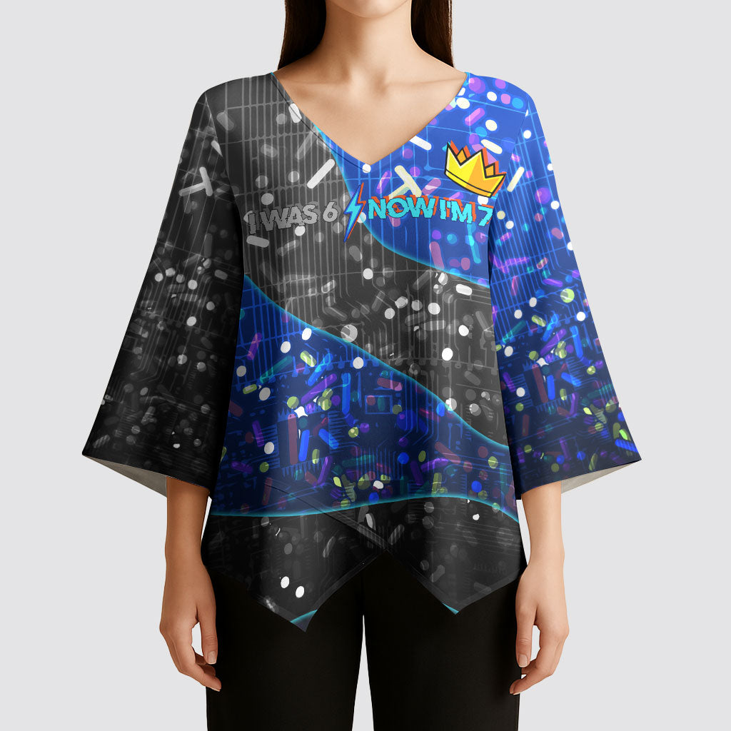 7th Birthday Boys Kimono Sleeve Blouse I was 6 Now Im 7 Gaming And Tech Theme