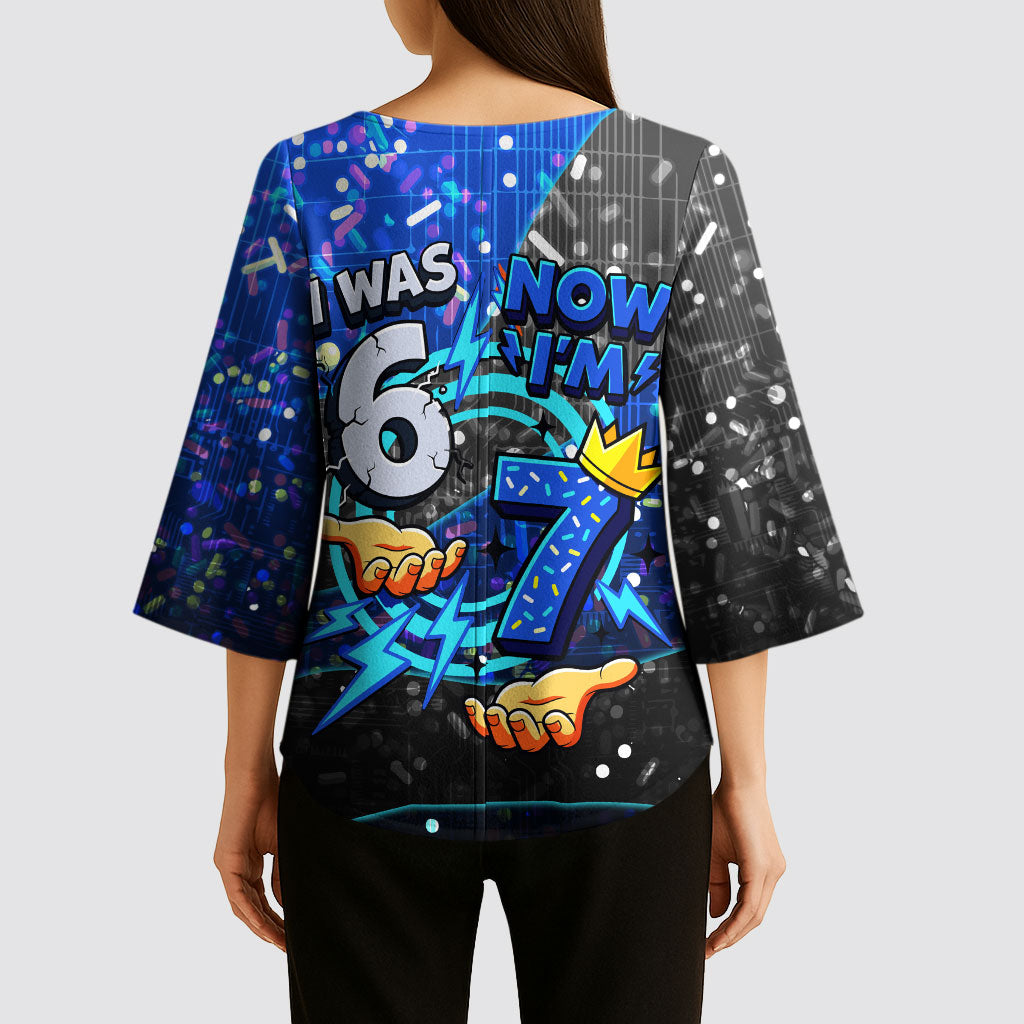 7th Birthday Boys Kimono Sleeve Blouse I was 6 Now Im 7 Gaming And Tech Theme