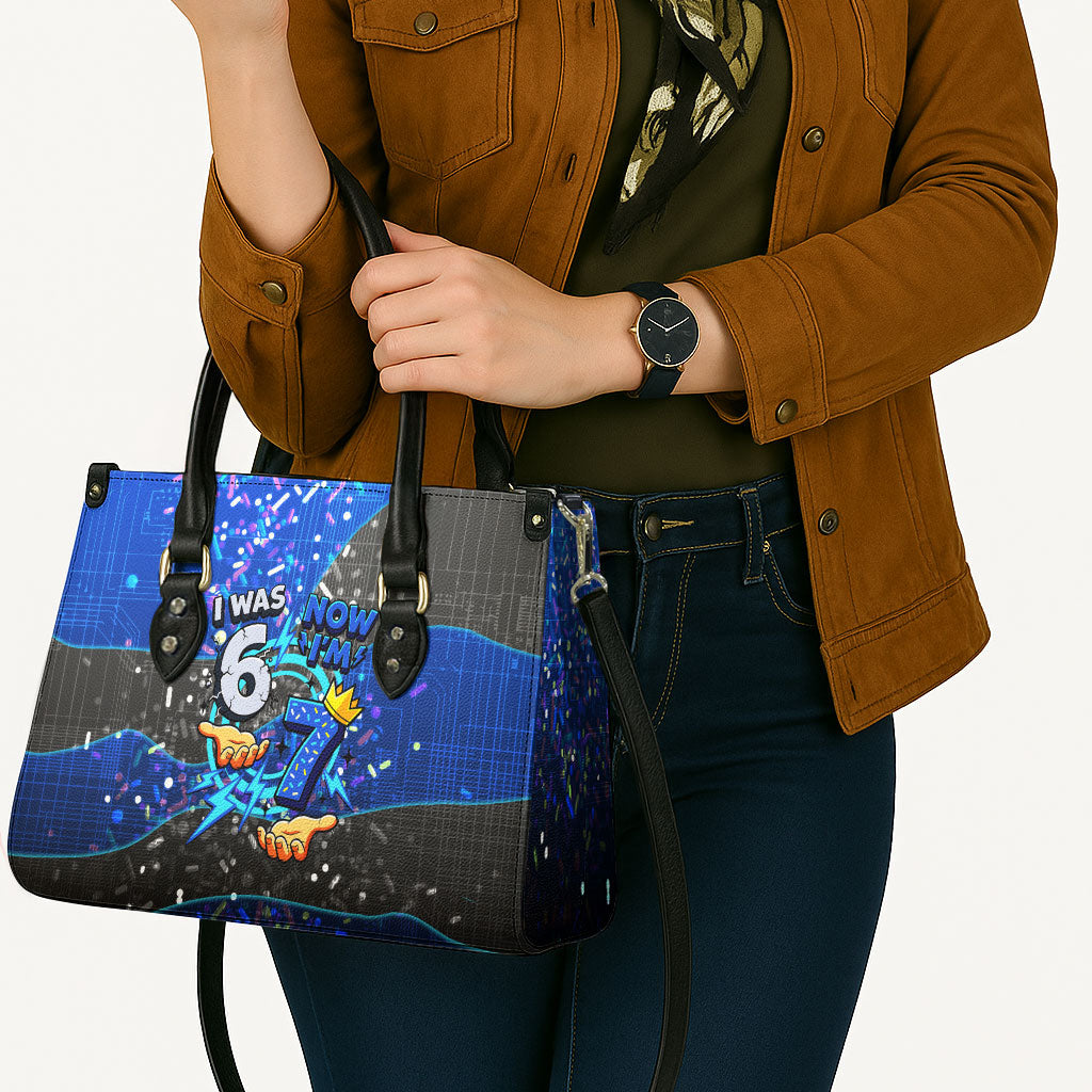 7th Birthday Boys Leather Bag I was 6 Now Im 7 Gaming And Tech Theme