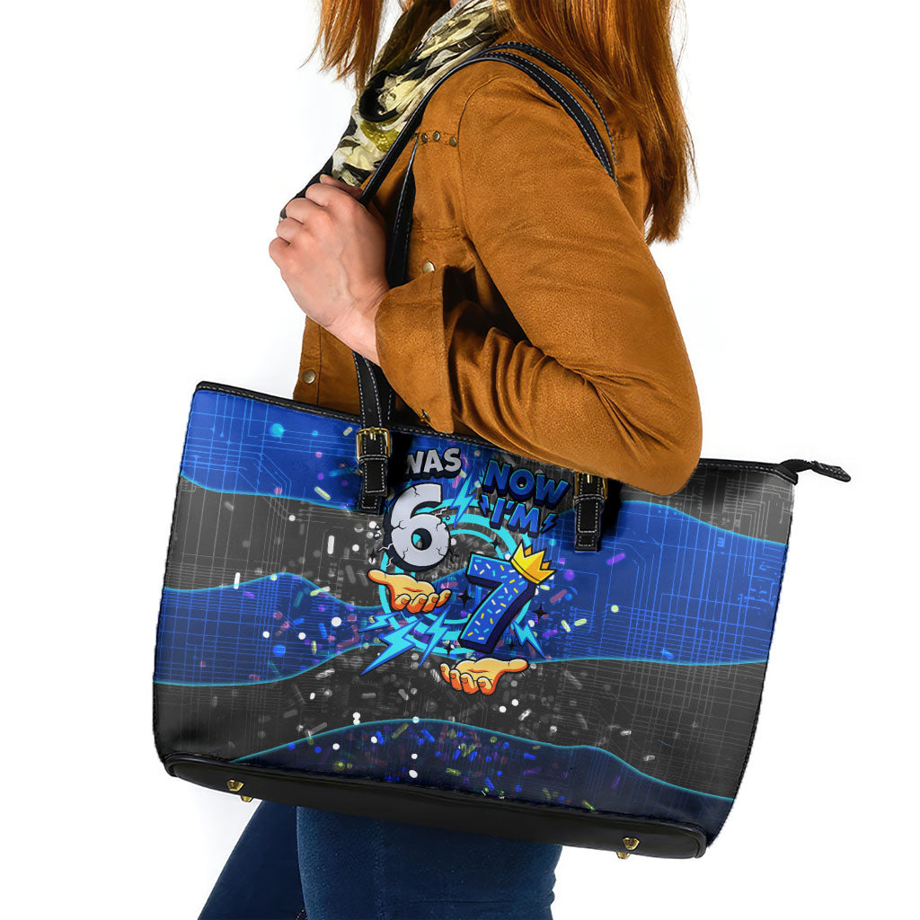 7th Birthday Boys Leather Tote Bag I was 6 Now Im 7 Gaming And Tech Theme