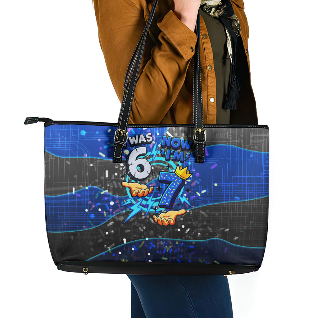 7th Birthday Boys Leather Tote Bag I was 6 Now Im 7 Gaming And Tech Theme