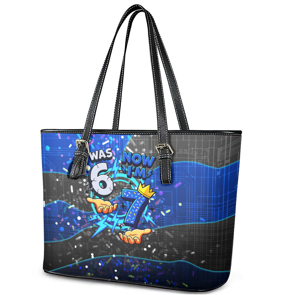 7th Birthday Boys Leather Tote Bag I was 6 Now Im 7 Gaming And Tech Theme