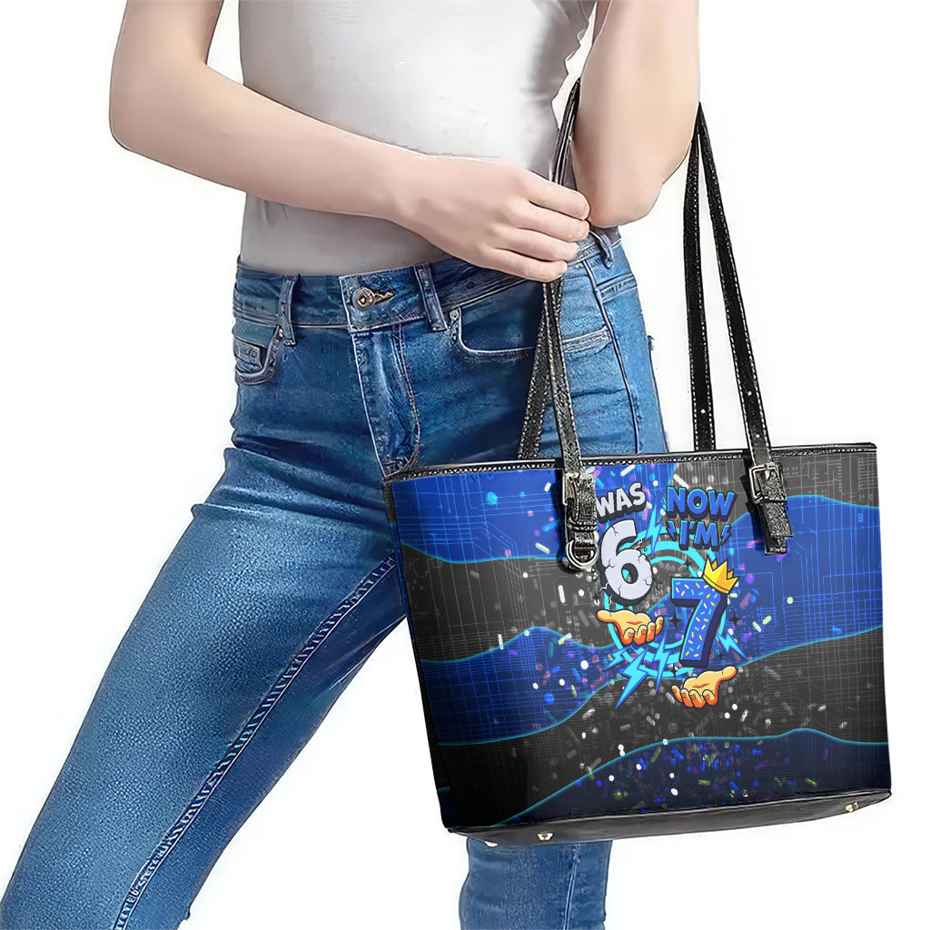7th Birthday Boys Leather Tote Bag I was 6 Now Im 7 Gaming And Tech Theme