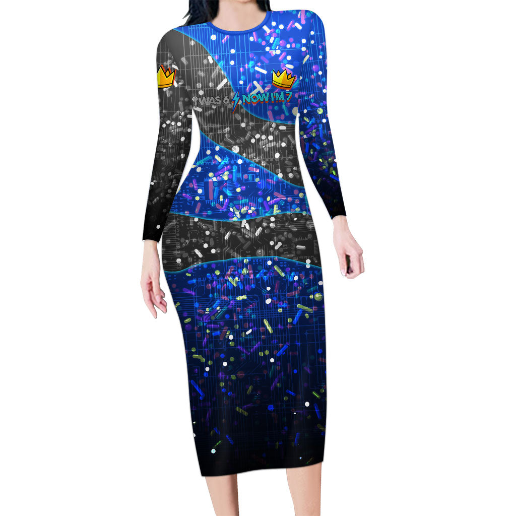 7th Birthday Boys Long Sleeve Bodycon Dress I was 6 Now Im 7 Gaming And Tech Theme