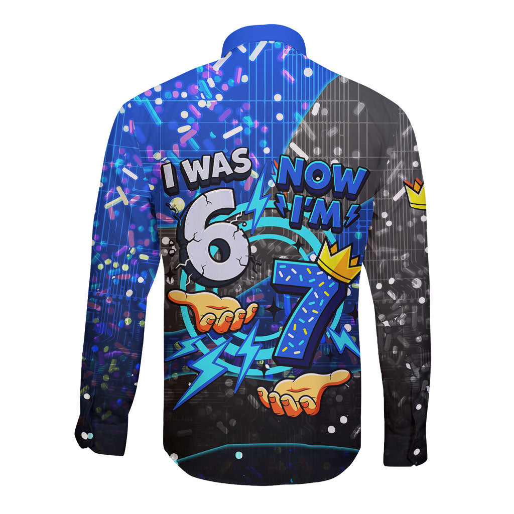 7th Birthday Boys Long Sleeve Button Shirt I was 6 Now Im 7 Gaming And Tech Theme