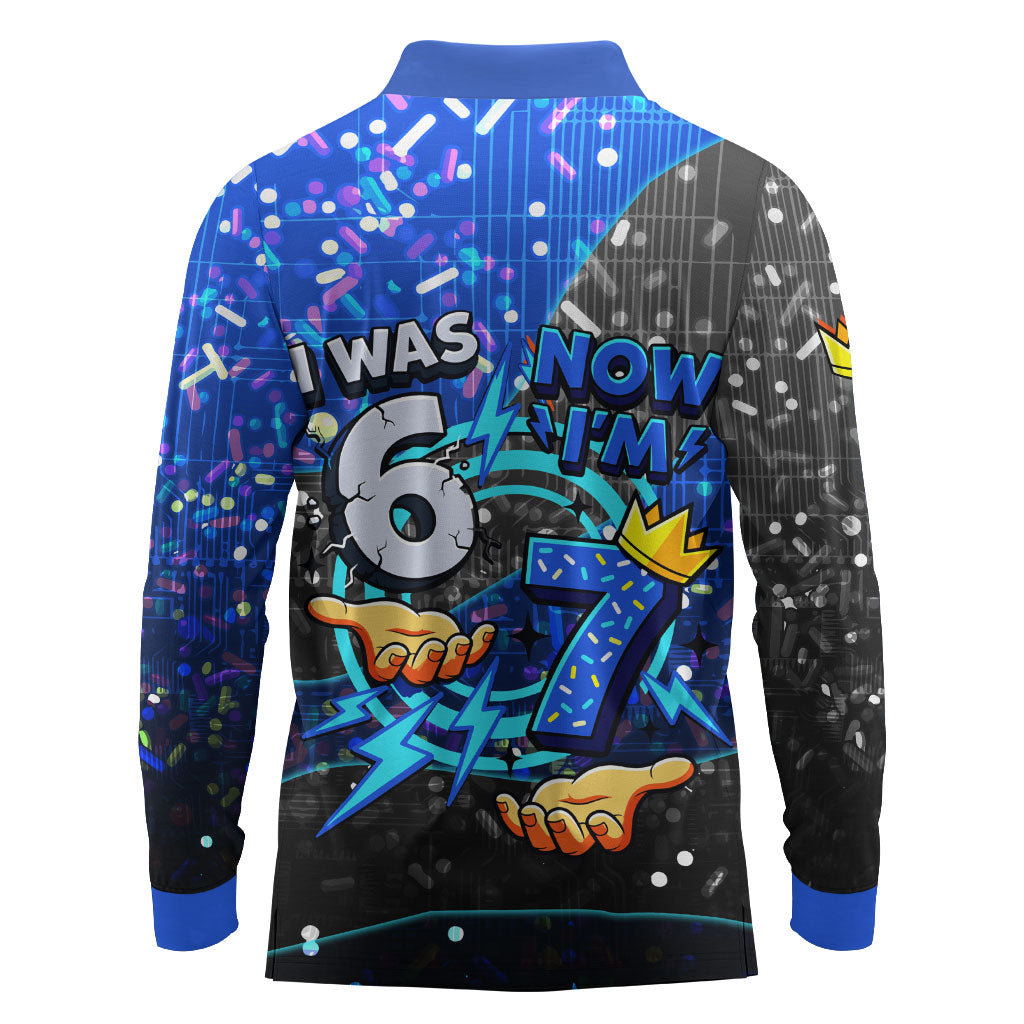 7th Birthday Boys Long Sleeve Polo Shirt I was 6 Now Im 7 Gaming And Tech Theme