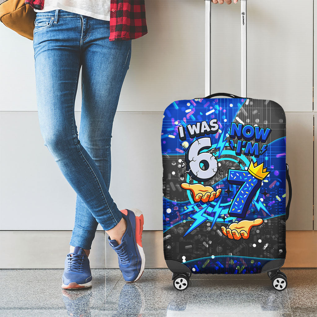 7th Birthday Boys Luggage Cover I was 6 Now Im 7 Gaming And Tech Theme