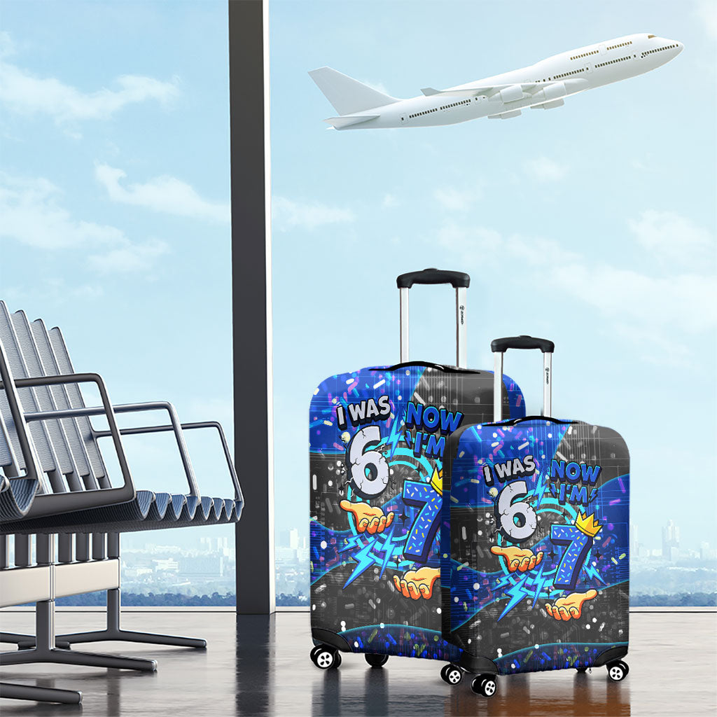 7th Birthday Boys Luggage Cover I was 6 Now Im 7 Gaming And Tech Theme