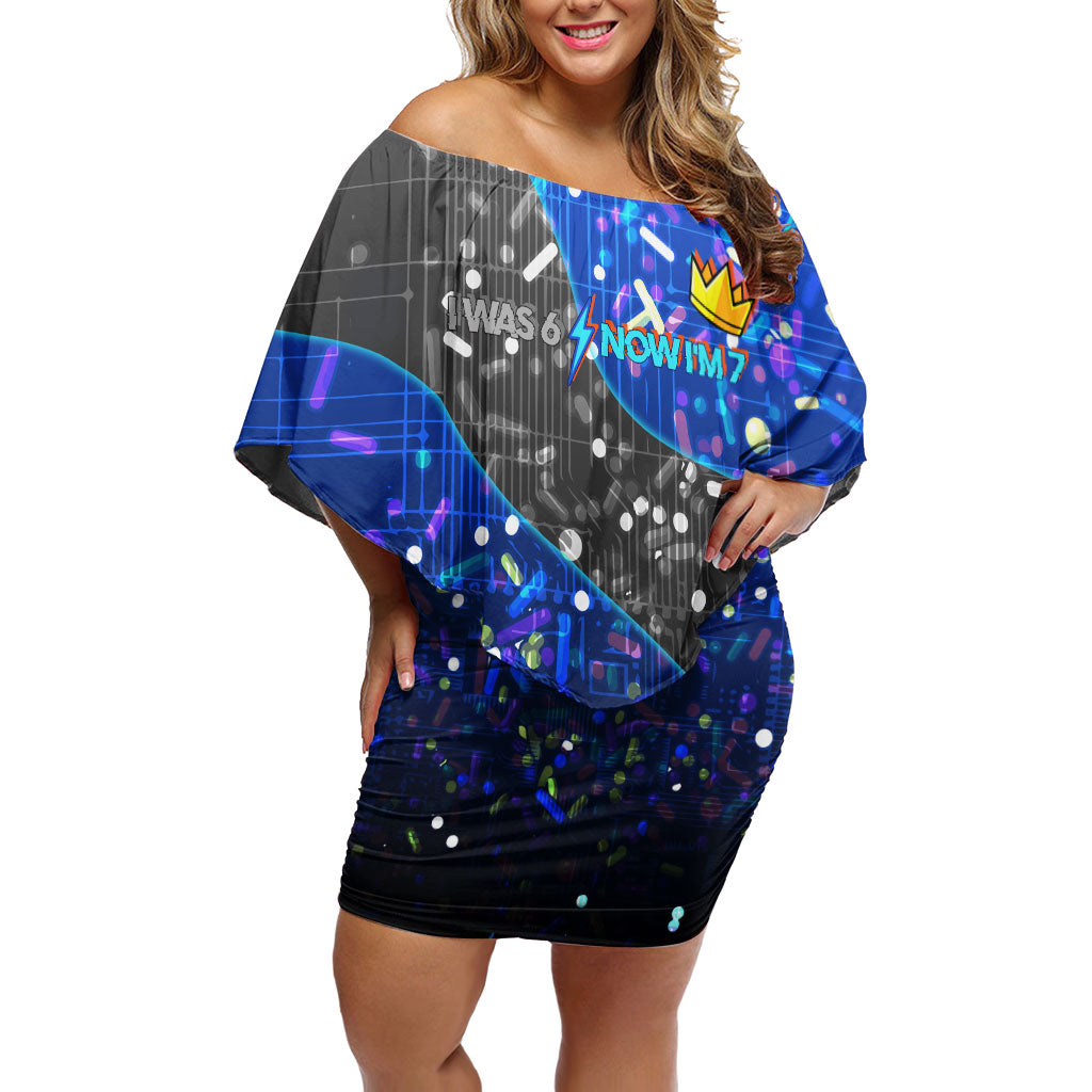 7th Birthday Boys Off Shoulder Short Dress I was 6 Now Im 7 Gaming And Tech Theme