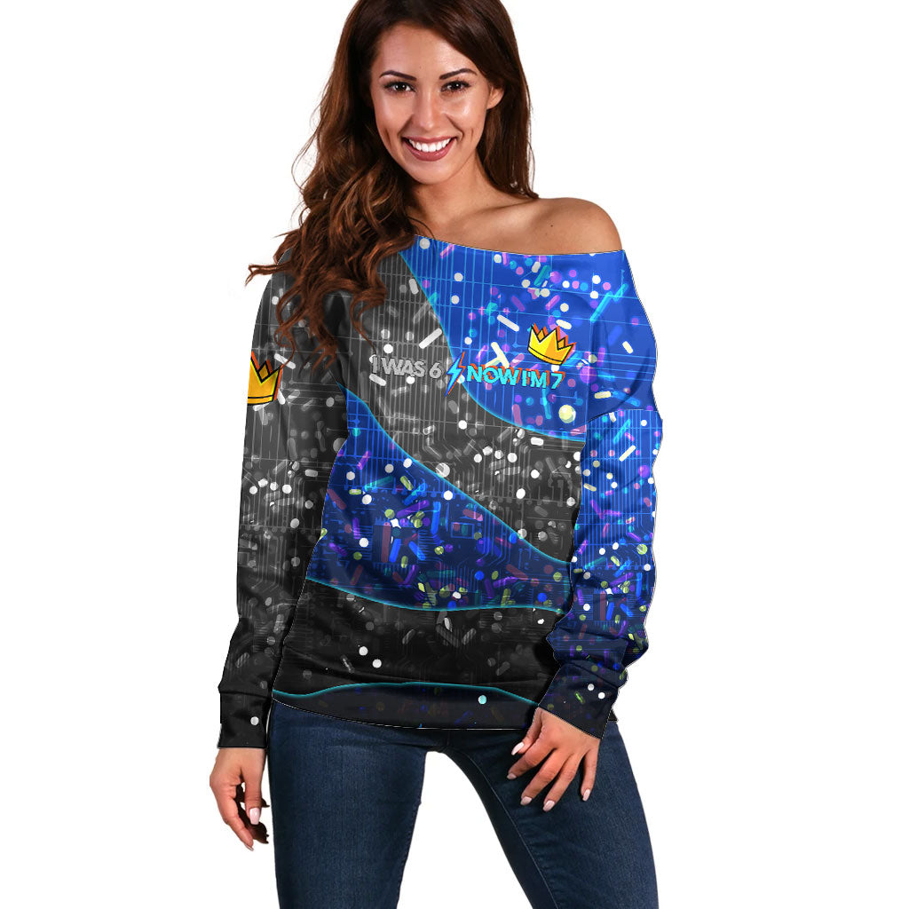 7th Birthday Boys Off Shoulder Sweater I was 6 Now Im 7 Gaming And Tech Theme