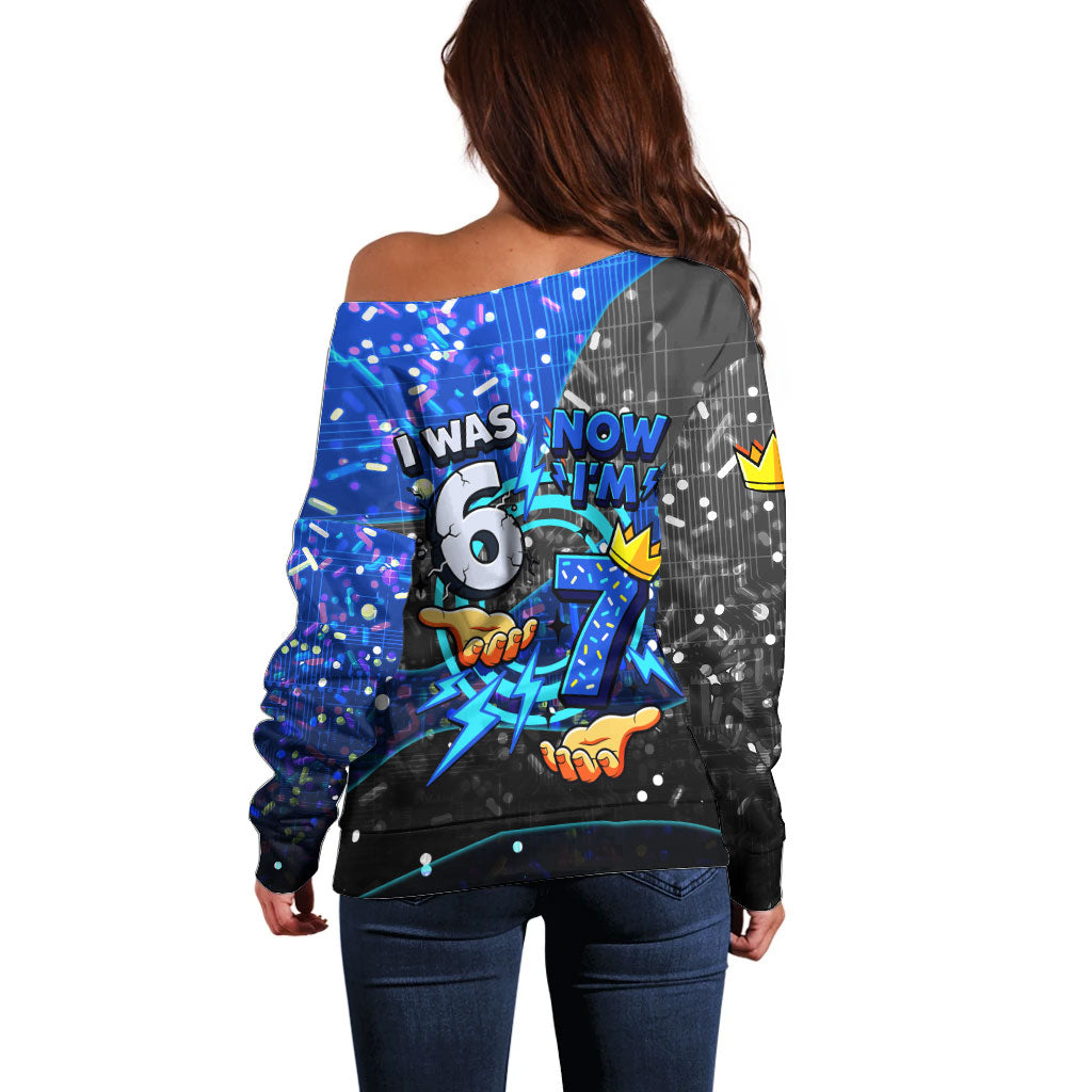7th Birthday Boys Off Shoulder Sweater I was 6 Now Im 7 Gaming And Tech Theme
