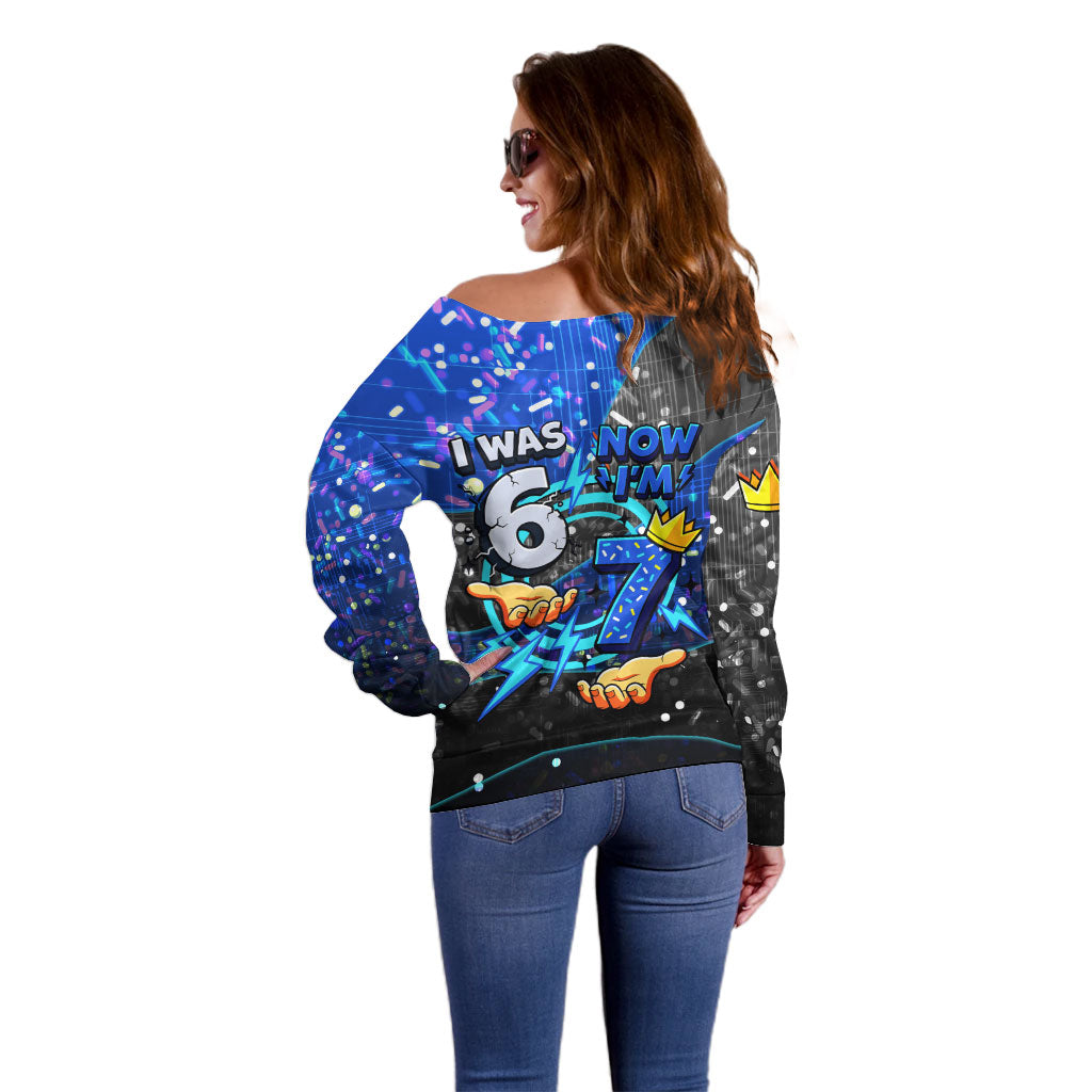 7th Birthday Boys Off Shoulder Sweater I was 6 Now Im 7 Gaming And Tech Theme