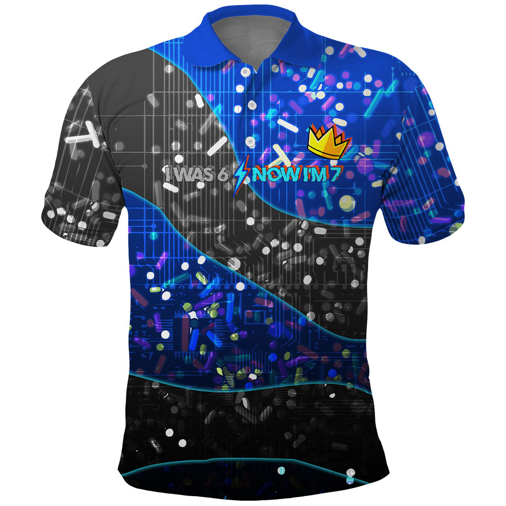 7th Birthday Boys Polo Shirt I was 6 Now Im 7 Gaming And Tech Theme