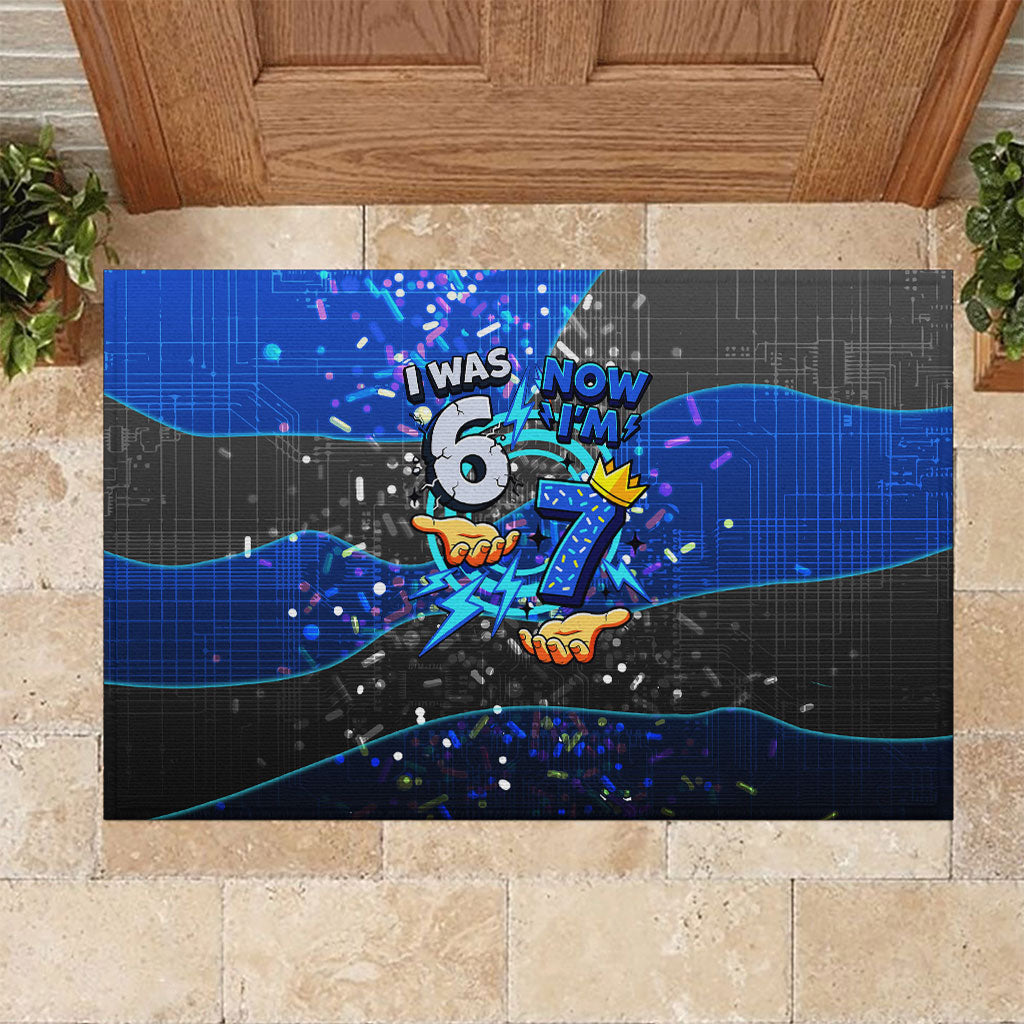 7th Birthday Boys Rubber Doormat I was 6 Now Im 7 Gaming And Tech Theme