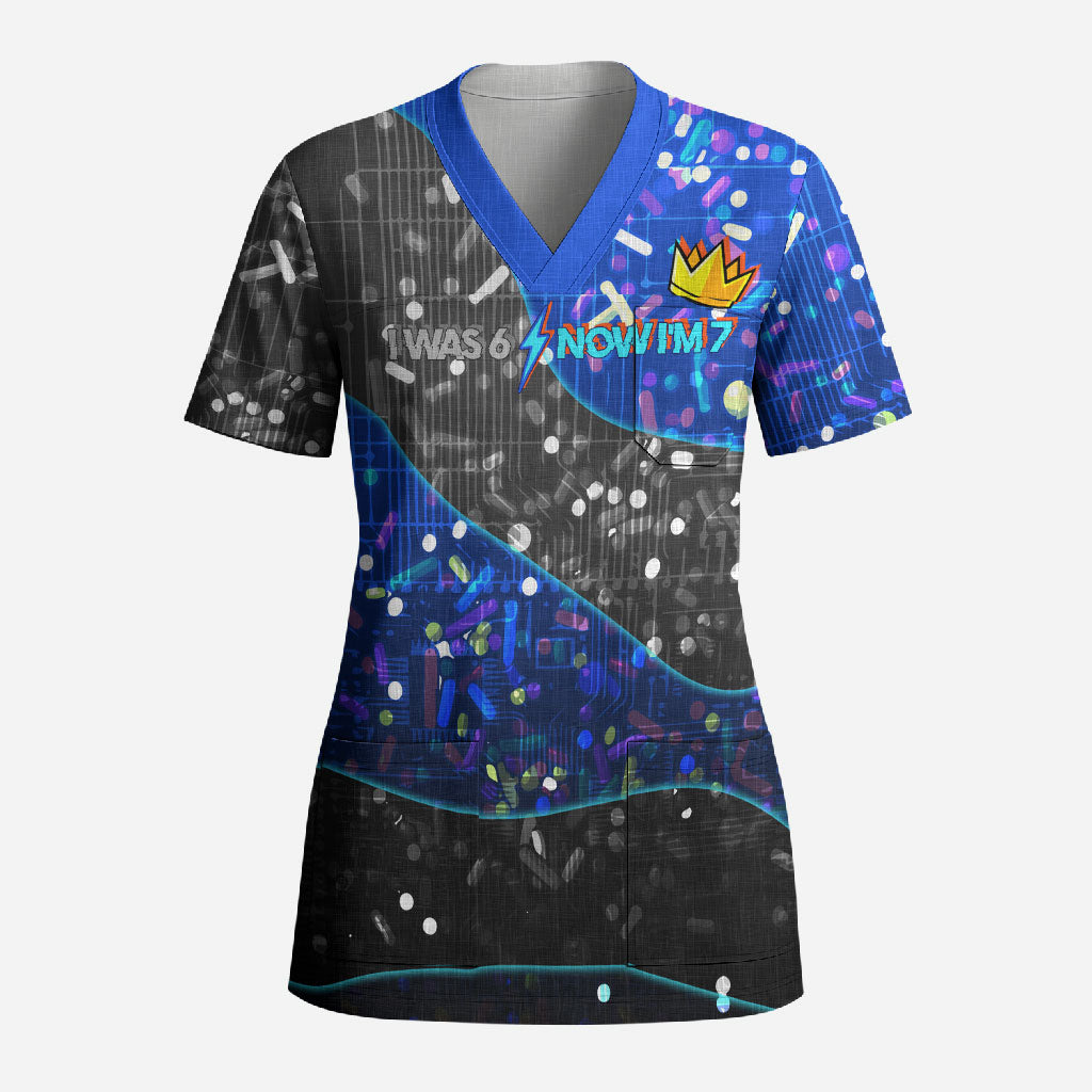 7th Birthday Boys Scrub Top I was 6 Now Im 7 Gaming And Tech Theme