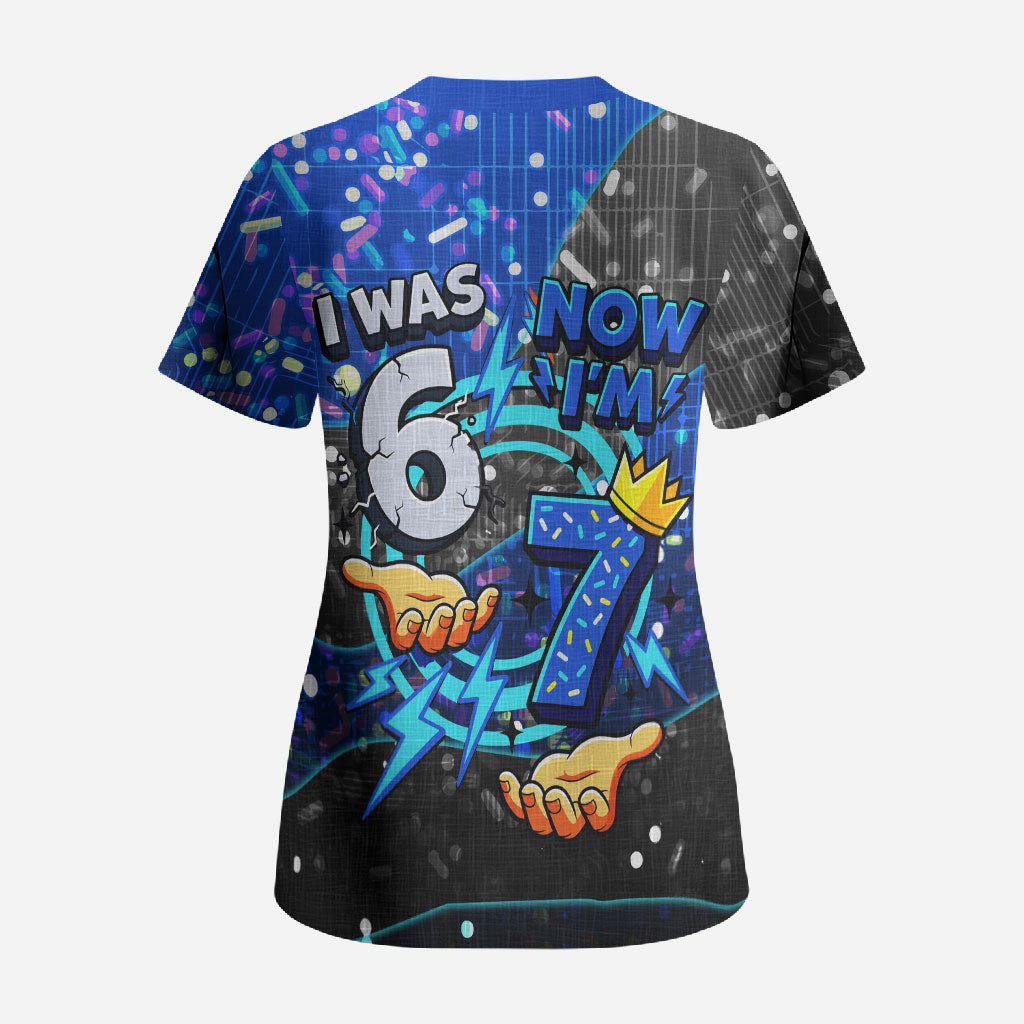7th Birthday Boys Scrub Top I was 6 Now Im 7 Gaming And Tech Theme
