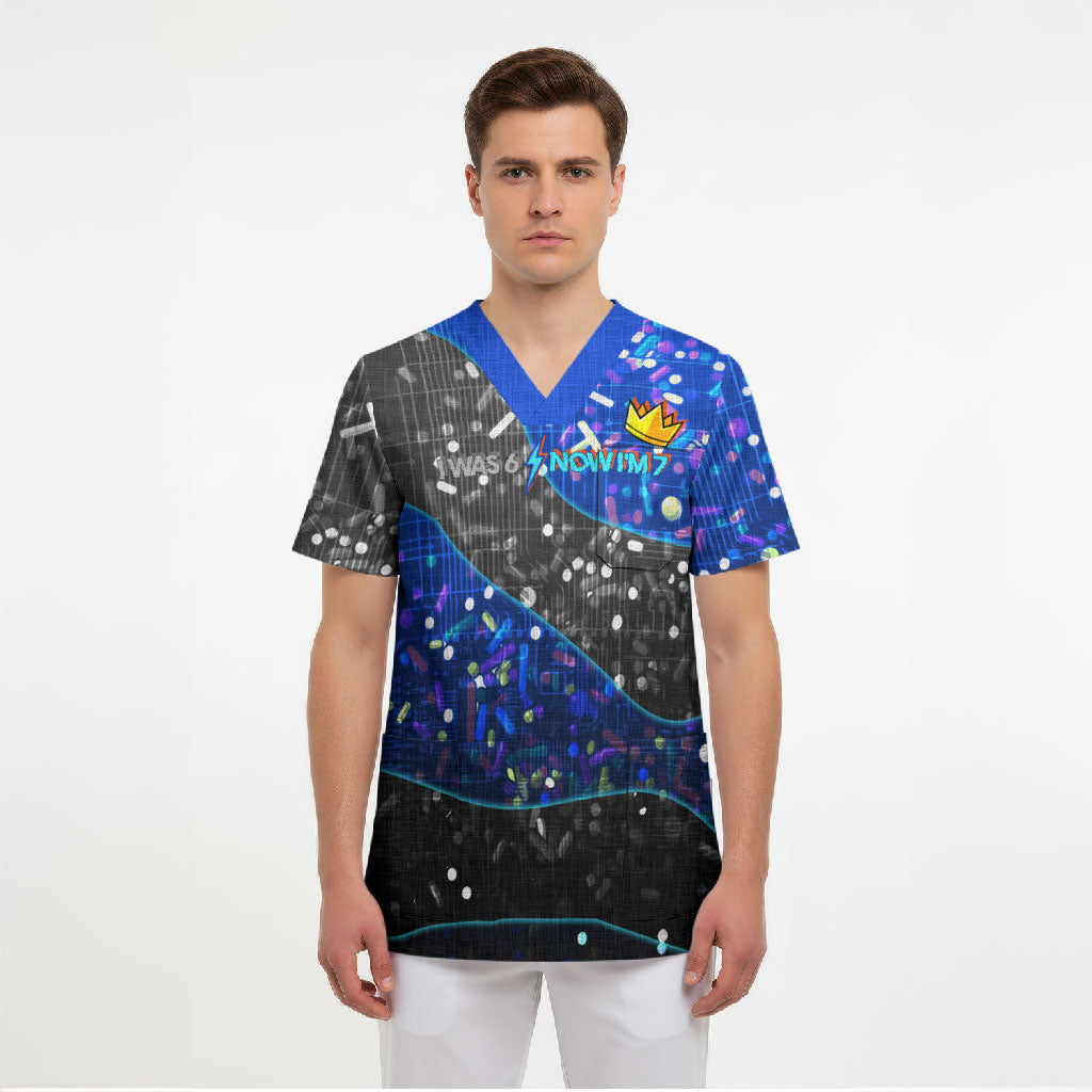 7th Birthday Boys Scrub Top I was 6 Now Im 7 Gaming And Tech Theme