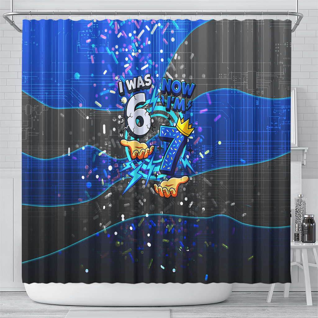 7th Birthday Boys Shower Curtain I was 6 Now Im 7 Gaming And Tech Theme