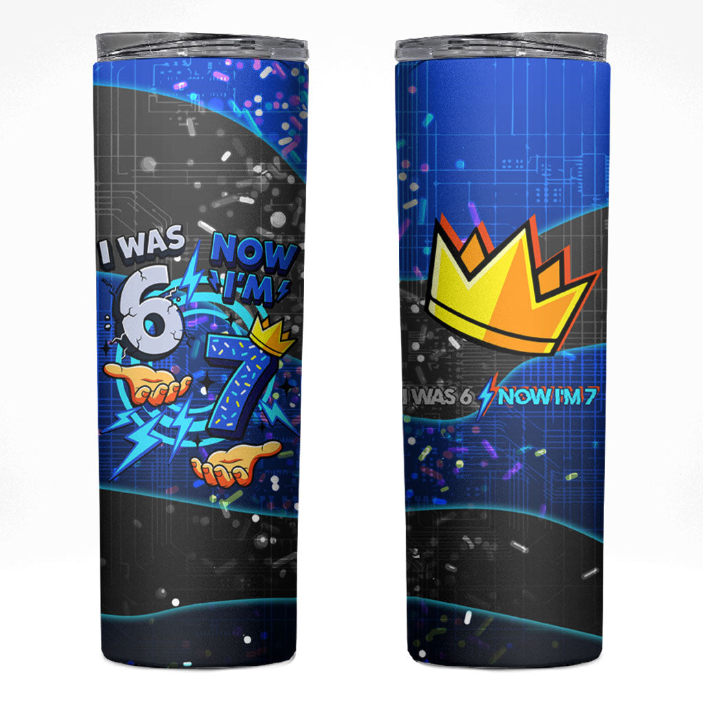 7th Birthday Boys Skinny Tumbler I was 6 Now Im 7 Gaming And Tech Theme