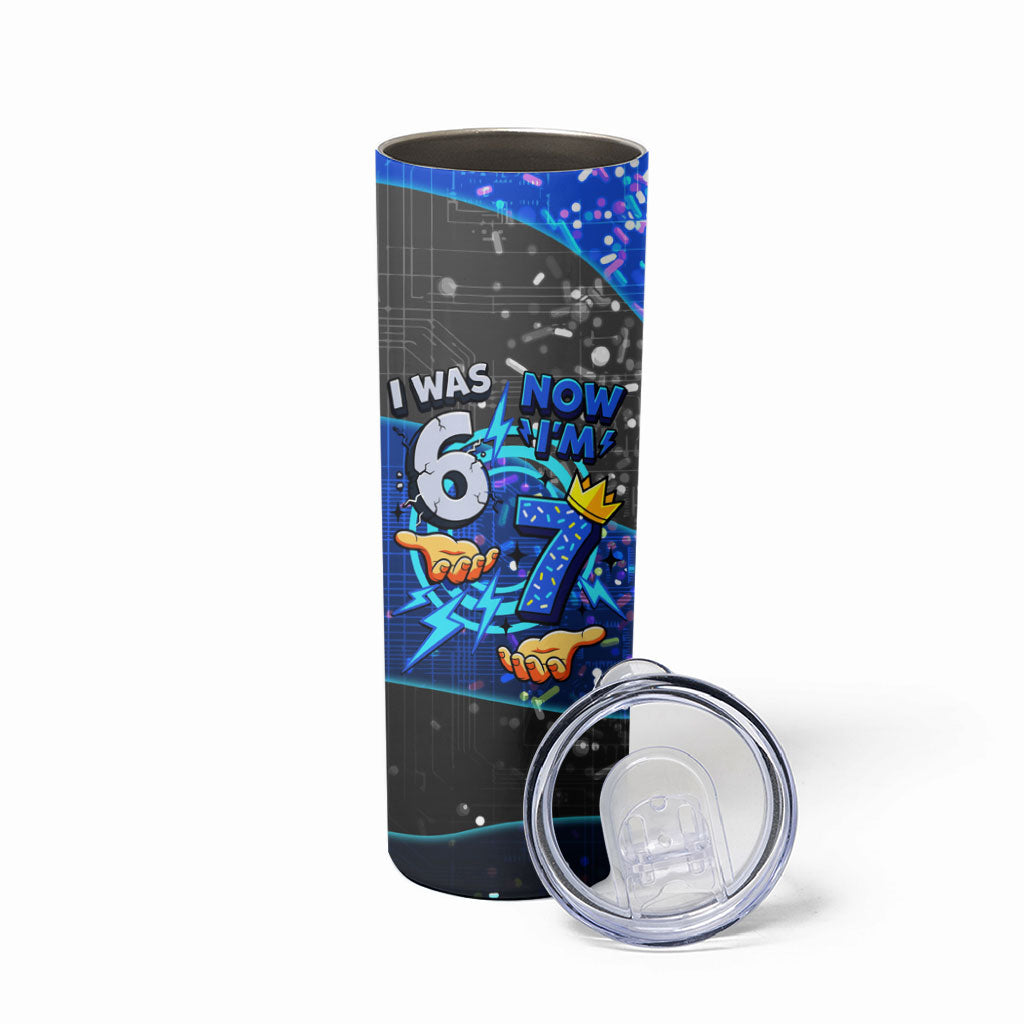 7th Birthday Boys Skinny Tumbler I was 6 Now Im 7 Gaming And Tech Theme