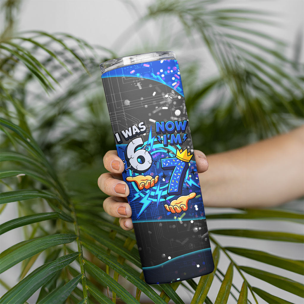 7th Birthday Boys Skinny Tumbler I was 6 Now Im 7 Gaming And Tech Theme