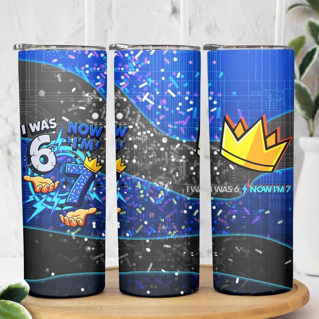 7th Birthday Boys Skinny Tumbler I was 6 Now Im 7 Gaming And Tech Theme