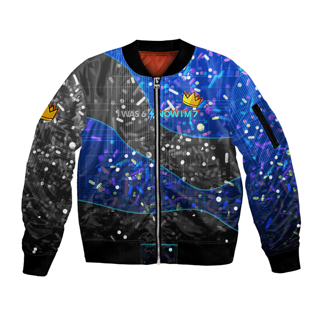 7th Birthday Boys Sleeve Zip Bomber Jacket I was 6 Now Im 7 Gaming And Tech Theme