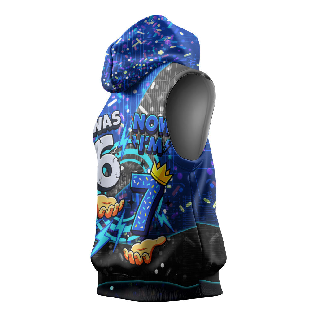 7th Birthday Boys Sleeveless Hoodie I was 6 Now Im 7 Gaming And Tech Theme