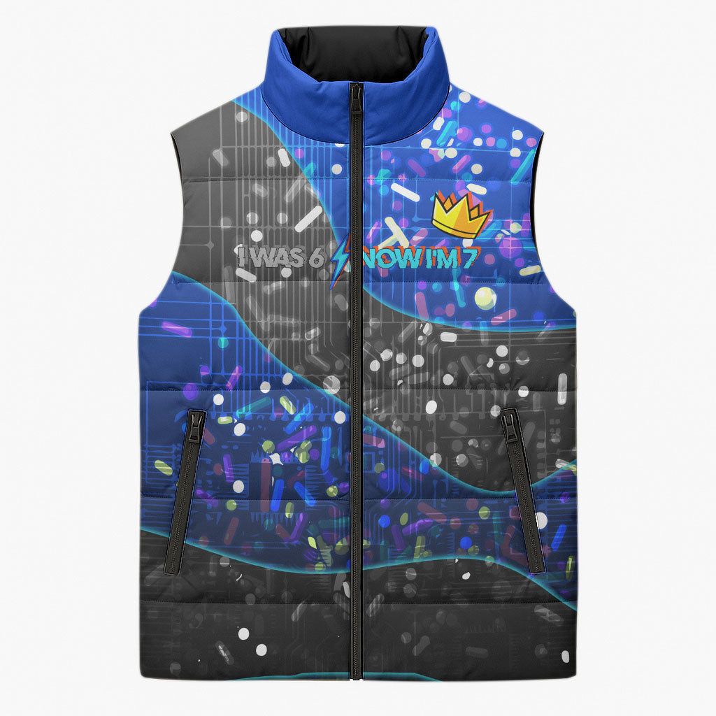 7th Birthday Boys Sleeveless Puffer Jacket I was 6 Now Im 7 Gaming And Tech Theme