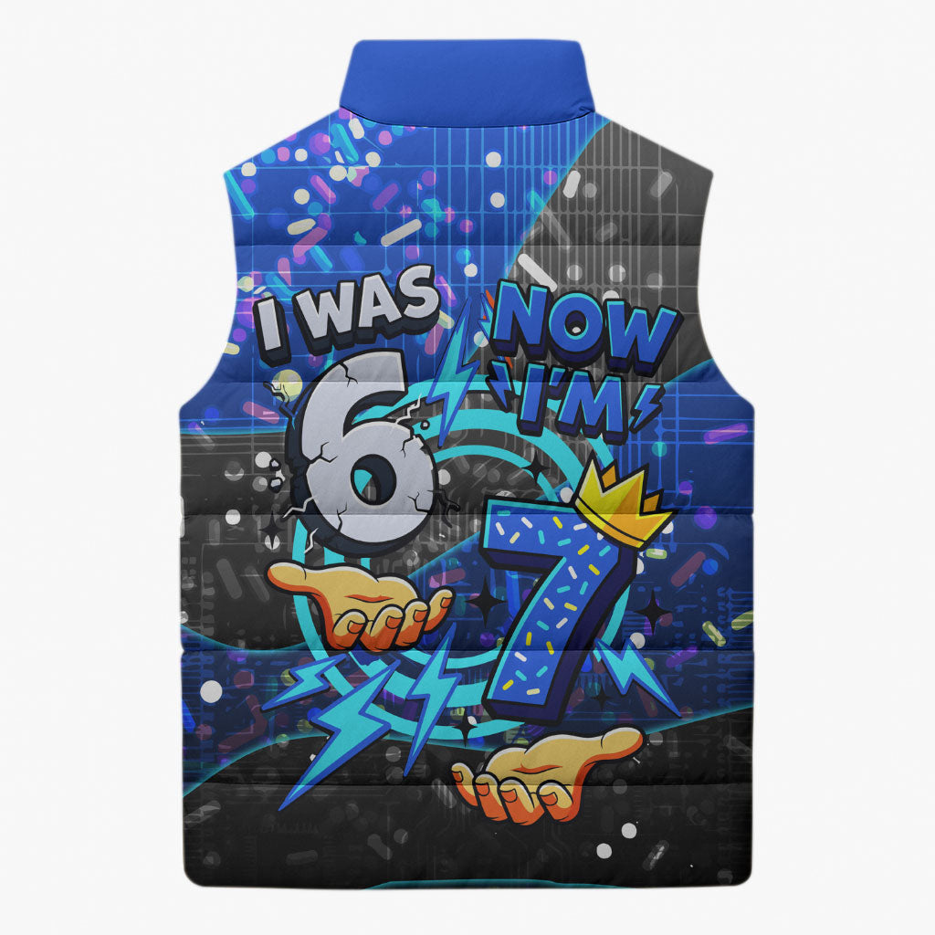 7th Birthday Boys Sleeveless Puffer Jacket I was 6 Now Im 7 Gaming And Tech Theme