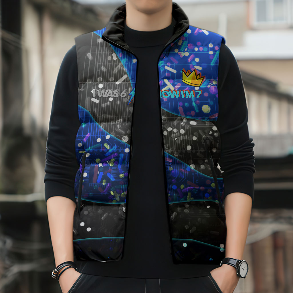 7th Birthday Boys Sleeveless Puffer Jacket I was 6 Now Im 7 Gaming And Tech Theme