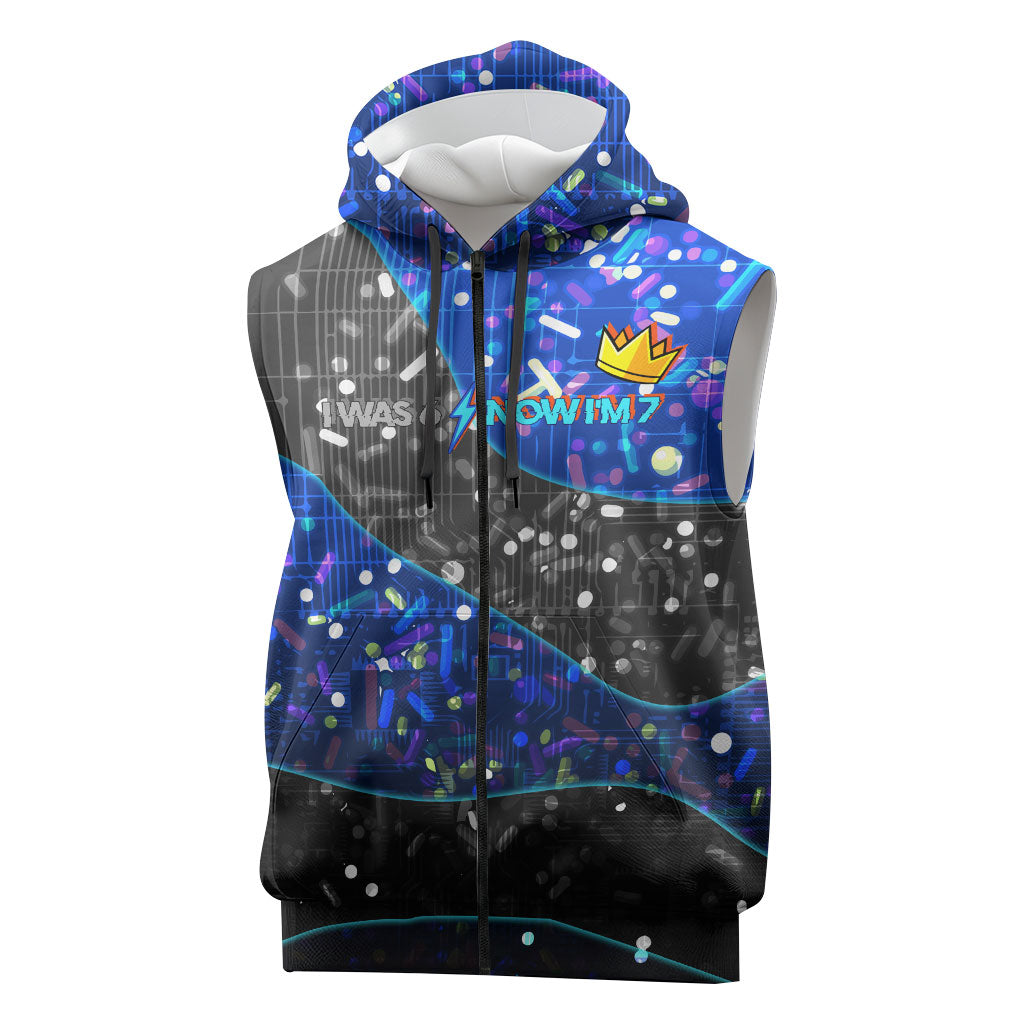 7th Birthday Boys Sleeveless Zip Hoodie I was 6 Now Im 7 Gaming And Tech Theme
