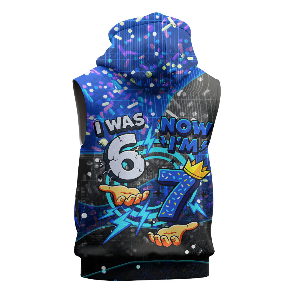 7th Birthday Boys Sleeveless Zip Hoodie I was 6 Now Im 7 Gaming And Tech Theme