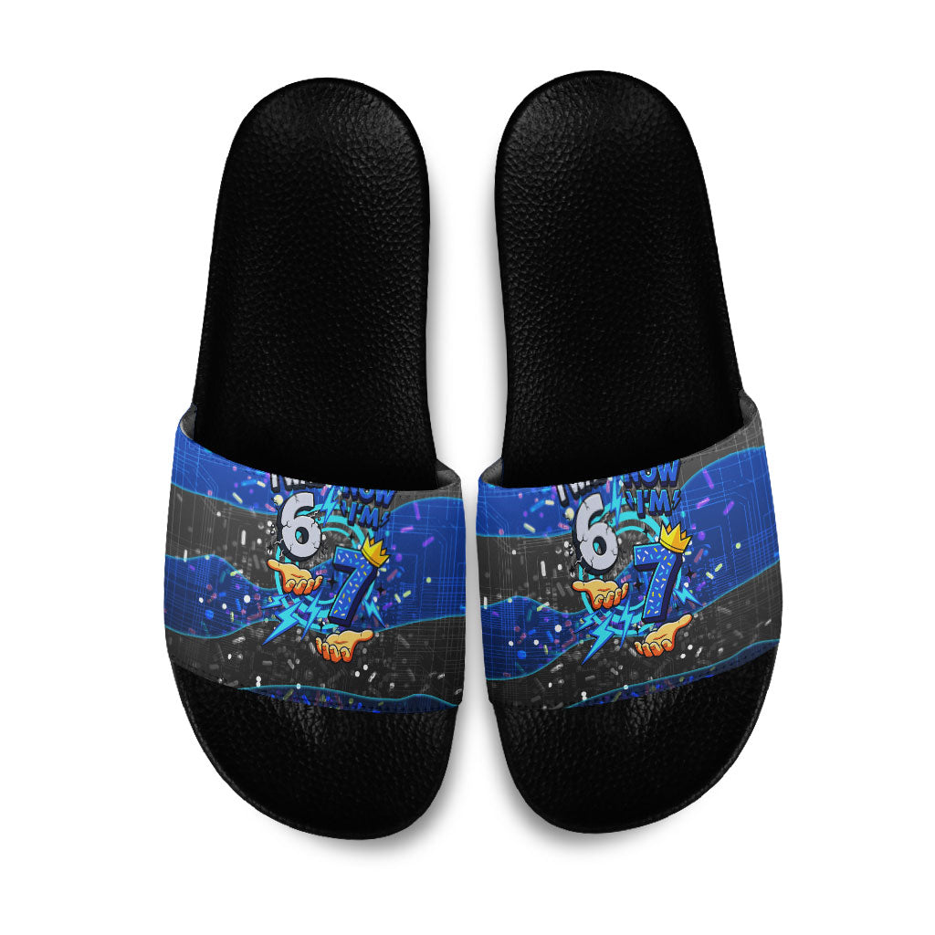 7th Birthday Boys Slide Sandals I was 6 Now Im 7 Gaming And Tech Theme