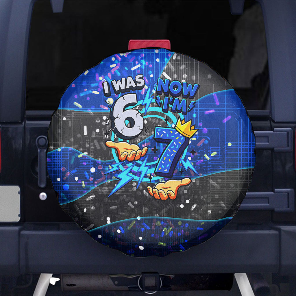 7th Birthday Boys Spare Tire Cover I was 6 Now Im 7 Gaming And Tech Theme