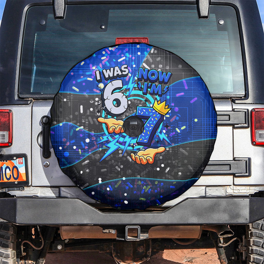7th Birthday Boys Spare Tire Cover I was 6 Now Im 7 Gaming And Tech Theme