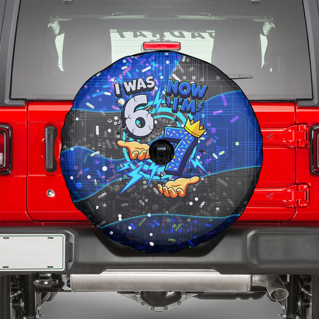 7th Birthday Boys Spare Tire Cover I was 6 Now Im 7 Gaming And Tech Theme