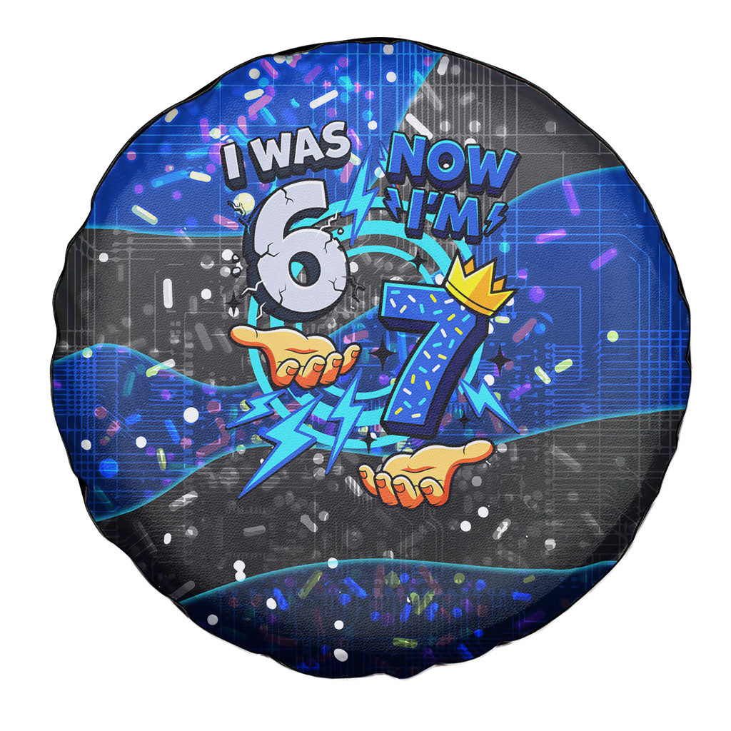 7th Birthday Boys Spare Tire Cover I was 6 Now Im 7 Gaming And Tech Theme