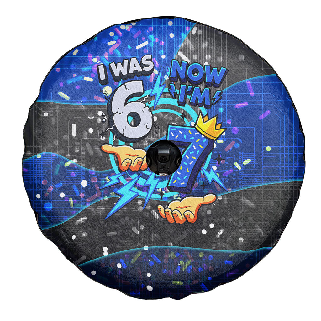 7th Birthday Boys Spare Tire Cover I was 6 Now Im 7 Gaming And Tech Theme