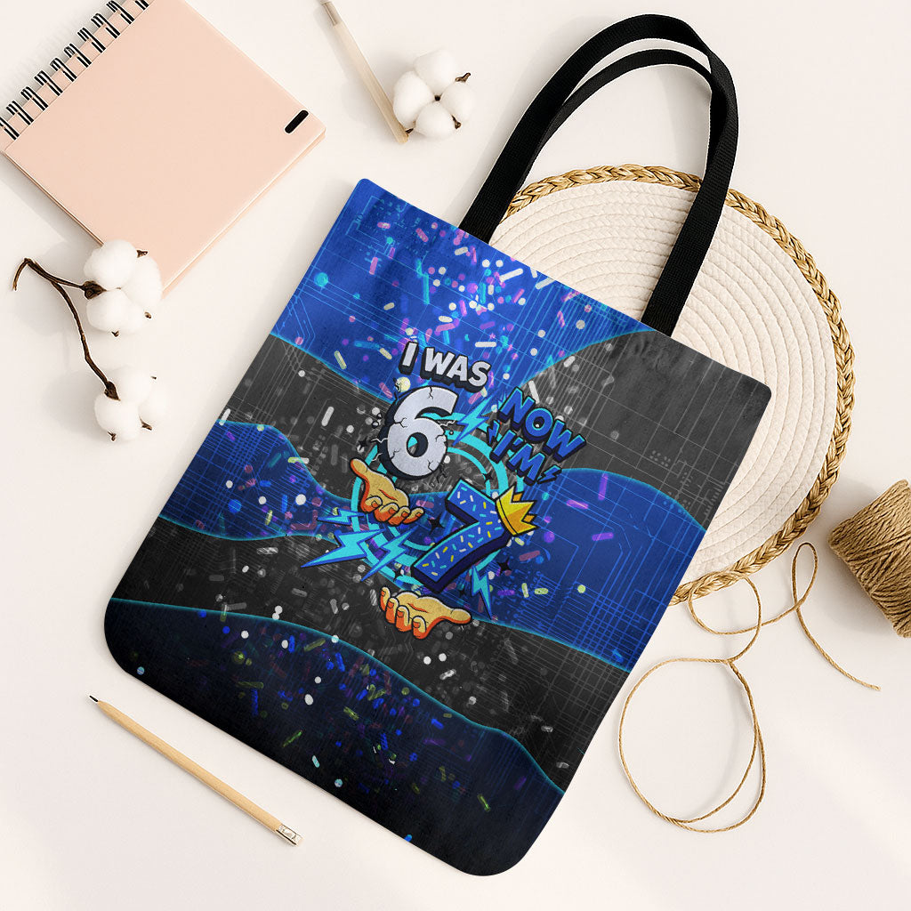 7th Birthday Boys Tote Bag I was 6 Now Im 7 Gaming And Tech Theme