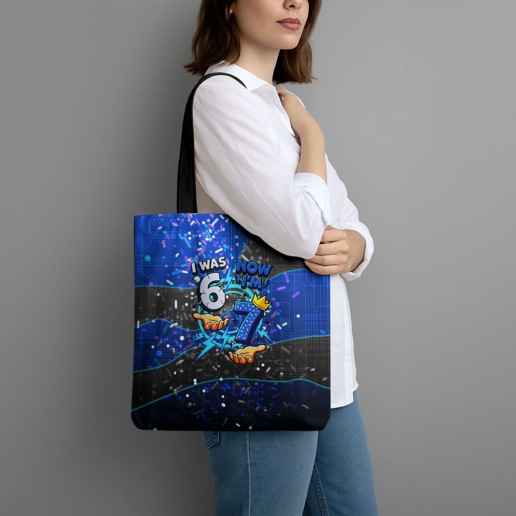 7th Birthday Boys Tote Bag I was 6 Now Im 7 Gaming And Tech Theme