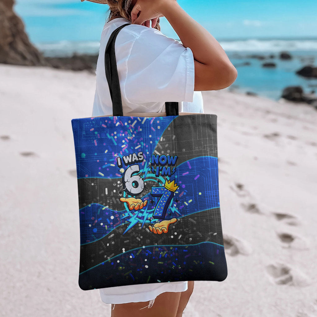7th Birthday Boys Tote Bag I was 6 Now Im 7 Gaming And Tech Theme