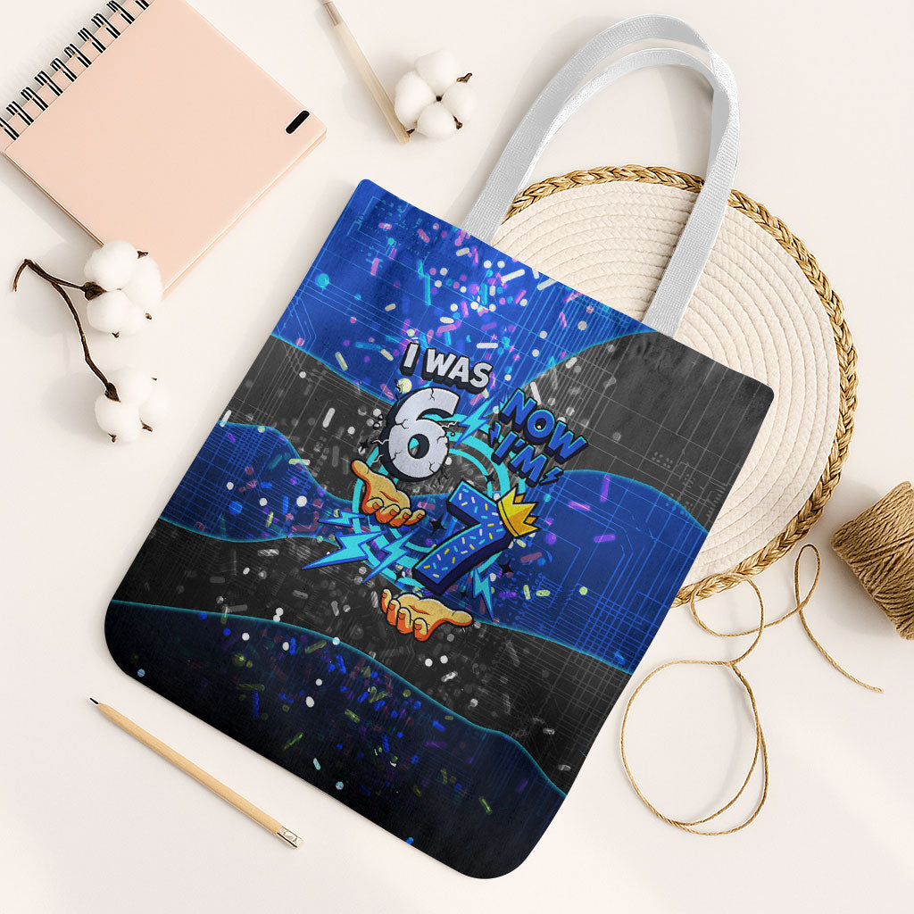 7th Birthday Boys Tote Bag I was 6 Now Im 7 Gaming And Tech Theme