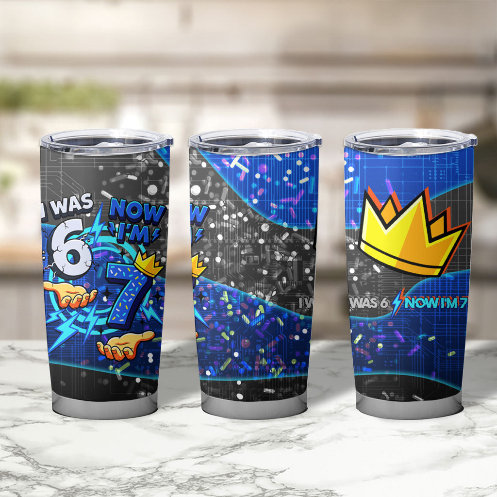 7th Birthday Boys Tumbler Cup I was 6 Now Im 7 Gaming And Tech Theme