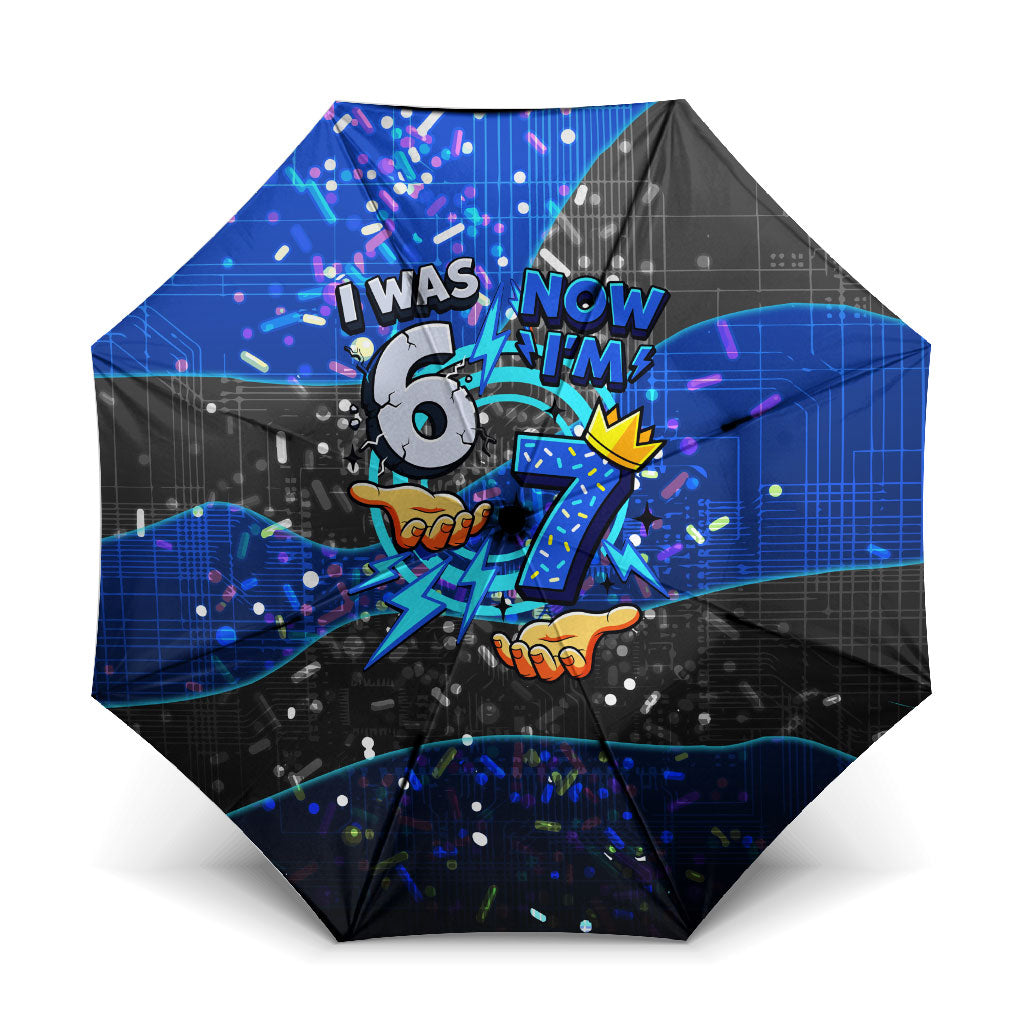 7th Birthday Boys Umbrella I was 6 Now Im 7 Gaming And Tech Theme